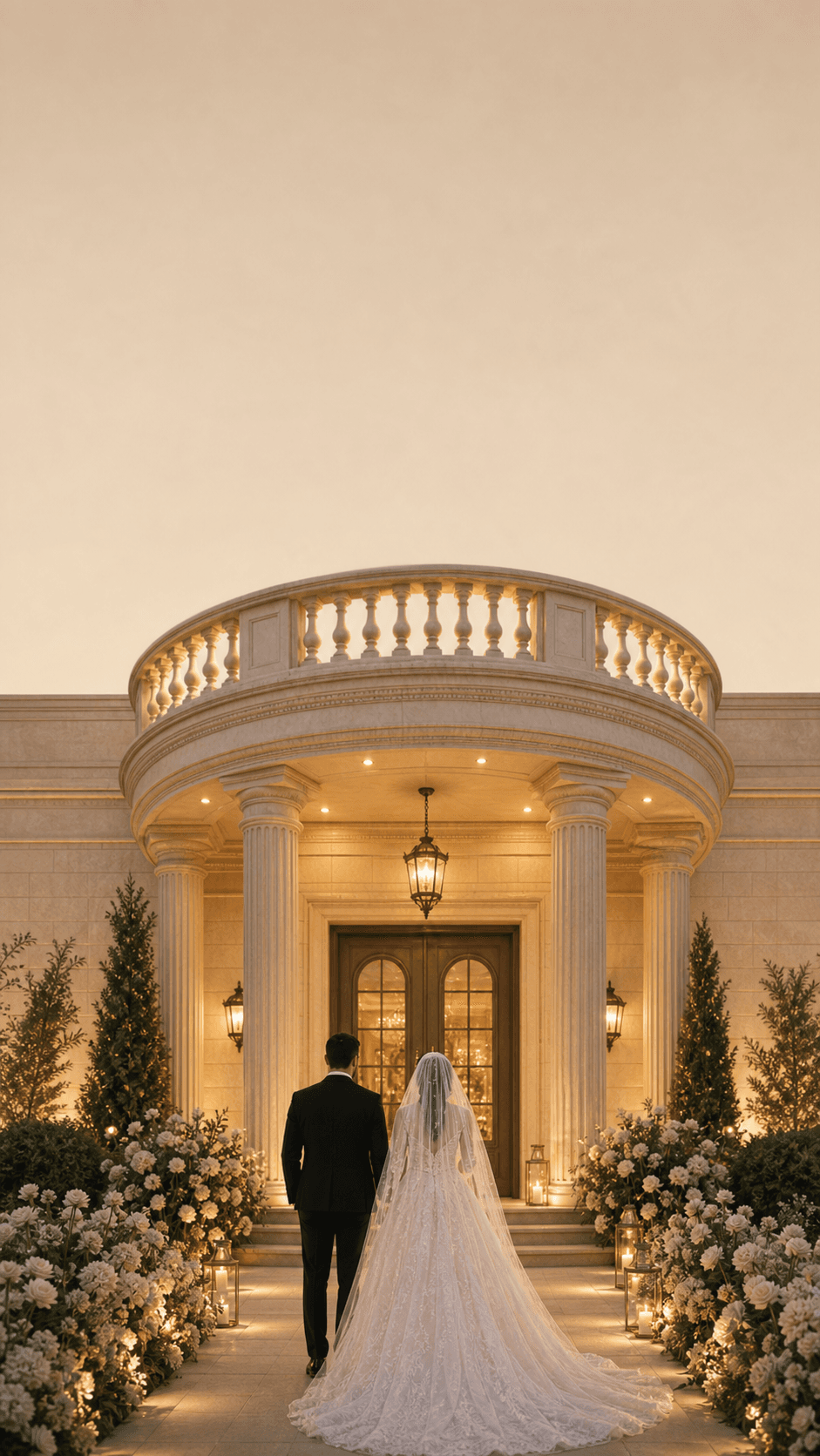 العروس والعريس أمام مدخل قاعة الزفاف